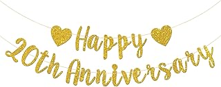 Talorine Happy 20th Anniversary Banner, 20th Wedding Anniversary, 20th Birthday, 20 Years Loved Party Decorations (Gold Glitter)
