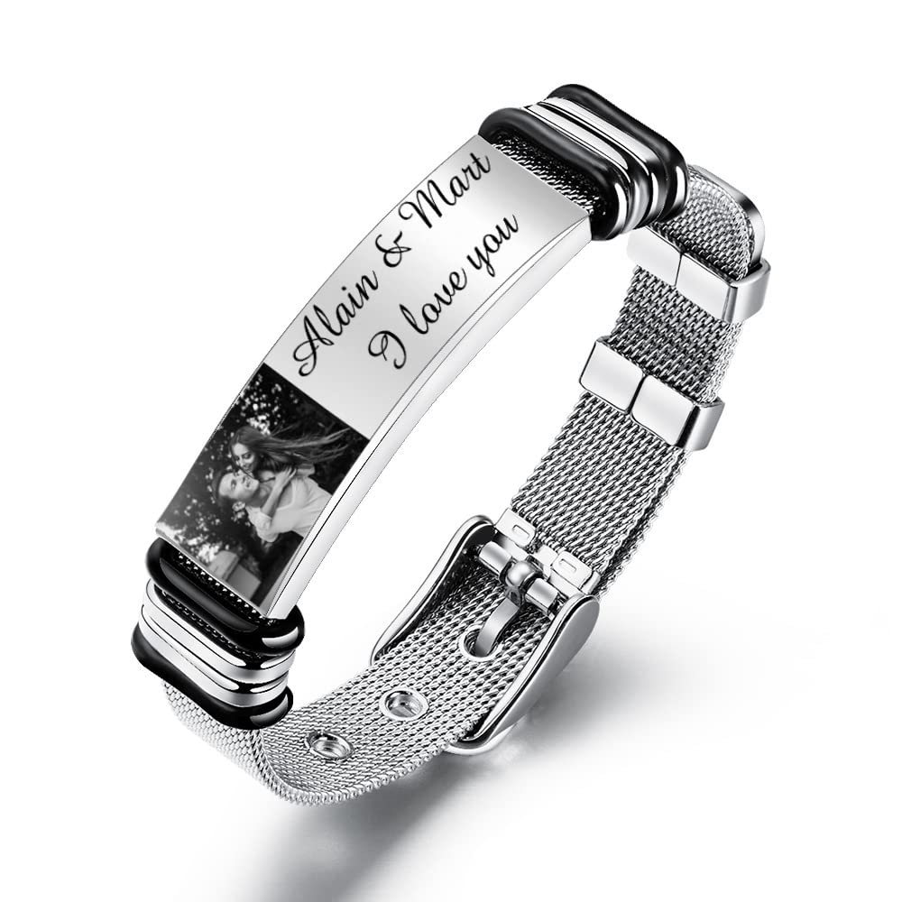 ALBERTBANDPulsera Personalizada con Foto Pulsera Ajustable con Placa de Identificación de Acero Negro Grabado Banda de Malla para Hombres Mujeres de Joyería para el Día de San Valentín