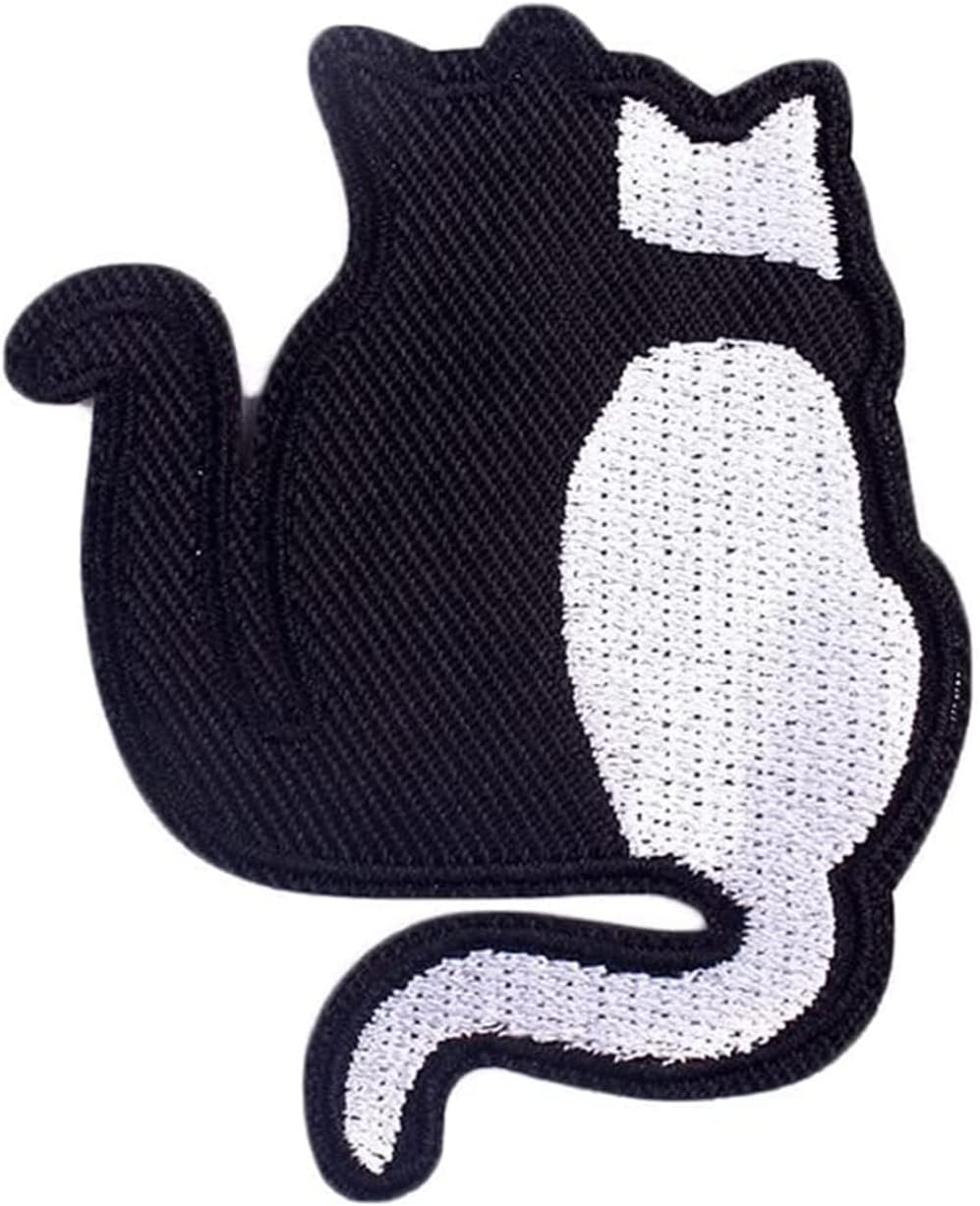 Black White Cat Embroidery Patch Cute Animal Cats Embroidery Clothes Patch Iron On or Sew On Patch Punk Motif Applique Accessory for Clothes Bag Jacket DIY Applique