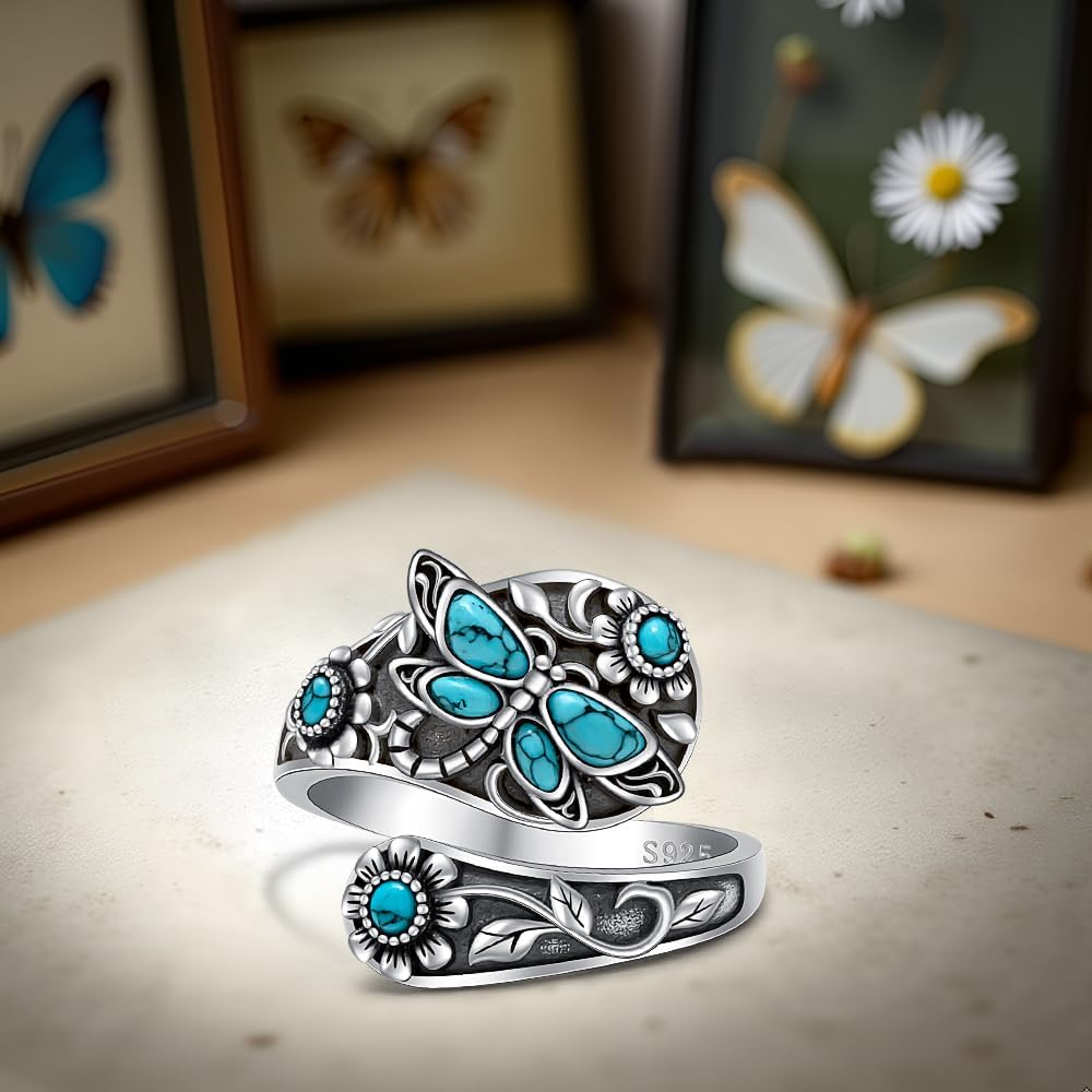 Dragonfly Ring Dragonfly Spoon Rings for Women Sterling Silver Sunflower Spoon Jewelry Turquoise Sunflower Adjustable Thumb Jewelry Gifts - Image 4