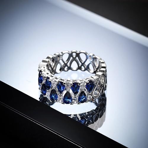 Miniatura 3 de HaoMo - Anillo de boda de plata de ley 925 con topacio y zafiro, anillo de boda brillante en forma de lágrima de pera azul y diamantes de imitación
