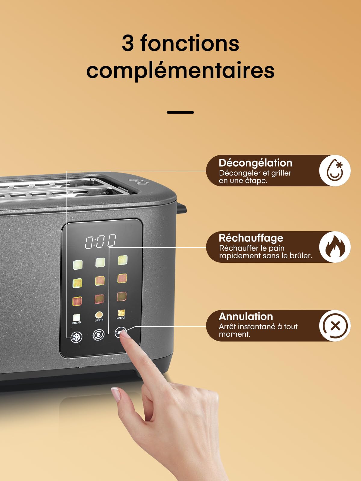 Tostapane 4 Fette con Touch Screen, Ampia Fessura e 9 Livelli, Acciaio Inossidabile, Vassoio Estraibile, Funzioni Scongelamento/Riscaldamento