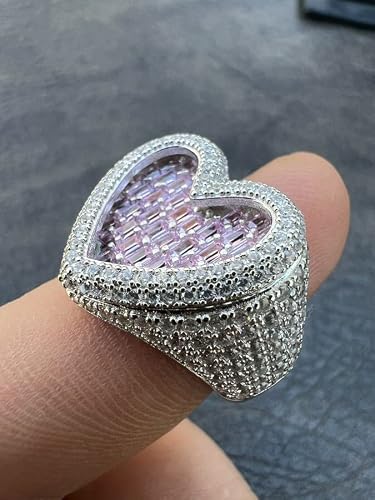 Mens Ladies Pink Baguette Ring - Real Solid 925 Silver Heart Ring - Hip Hop 3D Heart Shaped Ring - Iced Ring Sz 5-13 (7) #TOP3