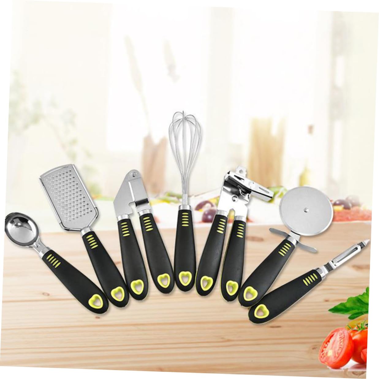 Cabilock 7 pièces Ustensiles Cuisine Acier Inoxydable Râpe Presse-ail Ouvre-boîte Spatule Pâtisserie Ergonomique avec Poignée Facile à Nettoyer et Suspendre