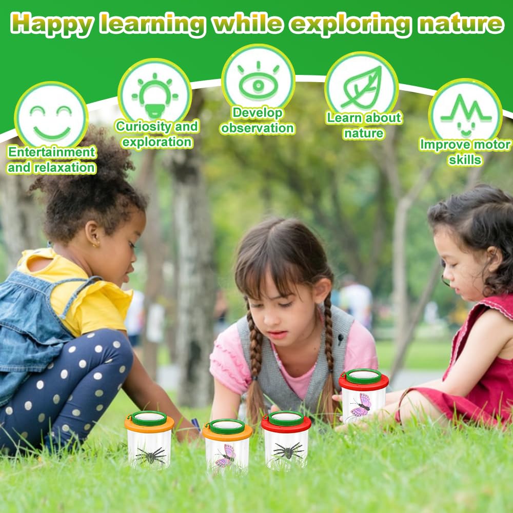 4 Stück Becherlupen für Kinder Becherlupe Lupenglas für Kinder Set Insekten Viewer für 3-Fach/6-Fach Lupenbecher Set Insektenfänger mit Pinzette Kleinkindspielzeug für Outdoor Natur Erkundung