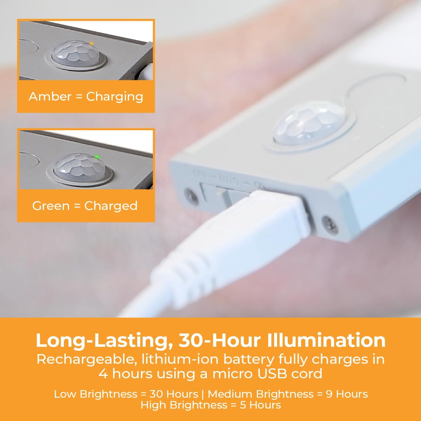 PureOptics LED Rechargeable Under Cabinet Lighting, Motion Sensor On/Off, Warm White LED, Stick-On Install for Kitchen & Closets - 1 Bar