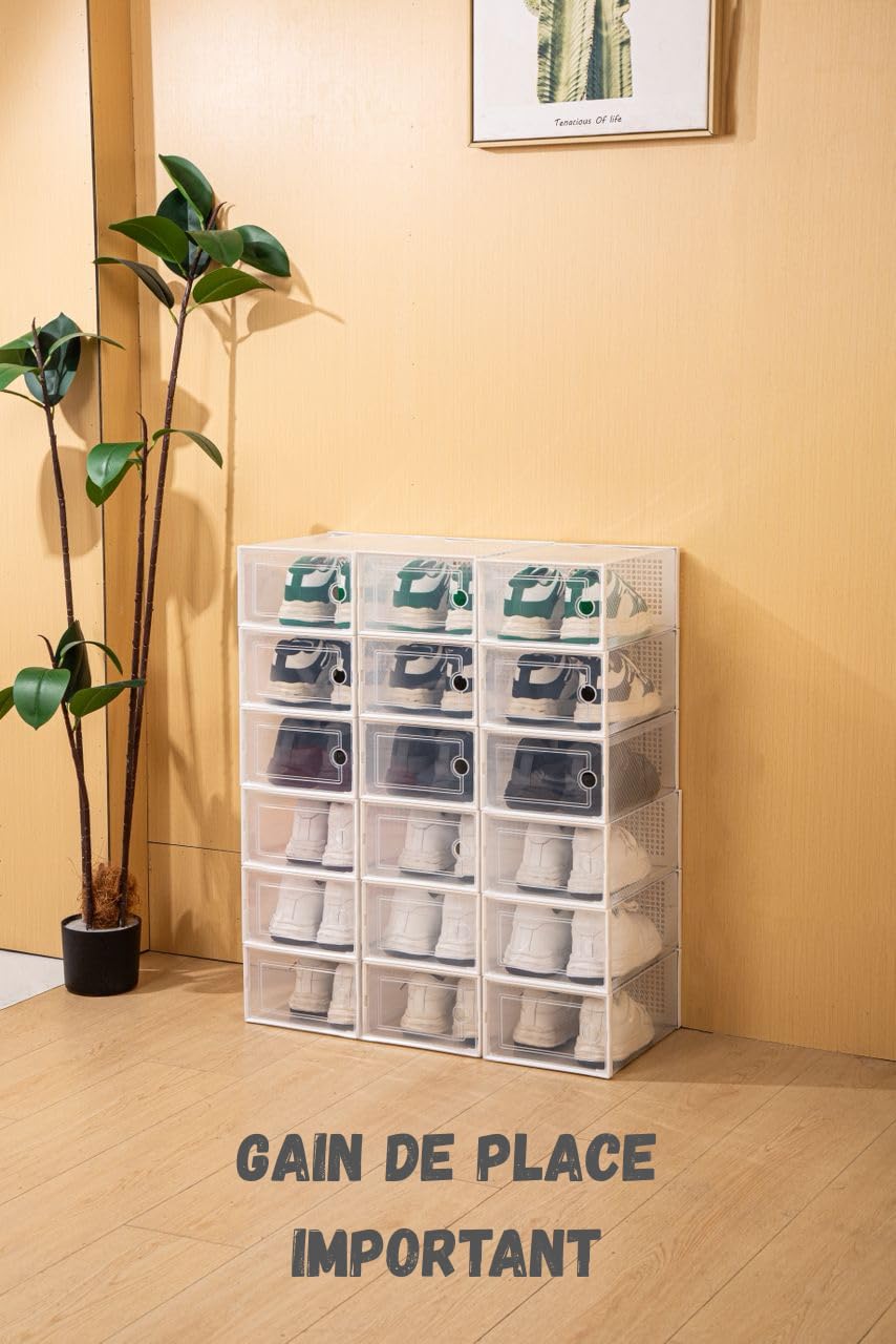 18 Boîtes à Chaussures Transparentes - 40% Plus Solide - Rangement Chaussures - Gain de Place - Boîtes de Rangement Empilables - Jusqu'à 44 - Transparent et Blanc