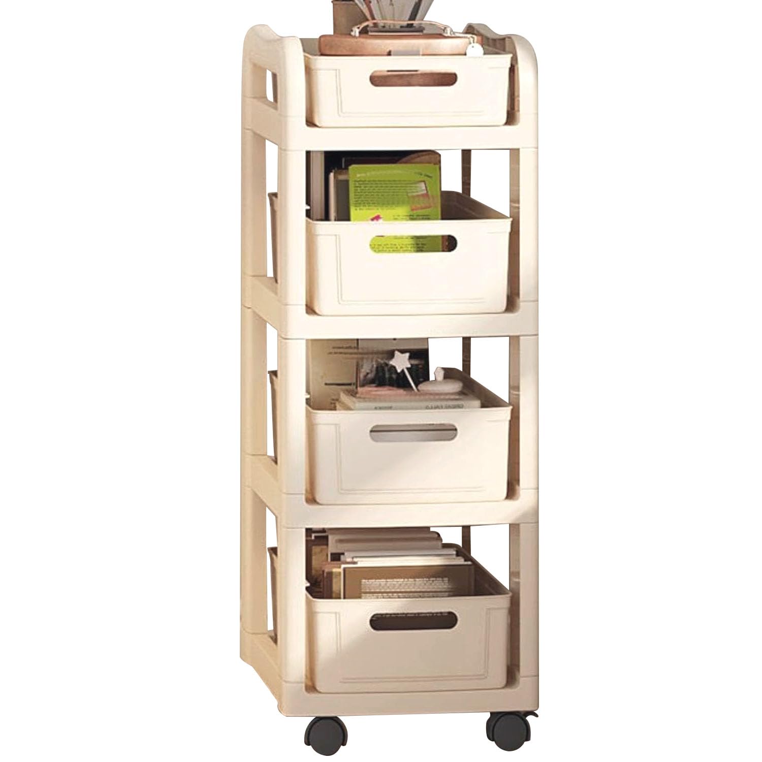 Bentifar 4-Tier Storage Rolling Cart with Drawers, Toys Organizer Unit, Simple Mobile Bookshelf, Narrow Rolling Cabinet, Movable Storage Cart for Living Room,Children Room,Bathroom,Office (4-Tier)