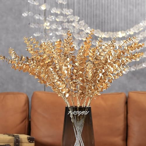 Miniatura 2 de Plantas artificiales para decoración navideña, eucalipto dorado falso, arbustos de hierba de plástico, hojas para interiores y exteriores, hogar,