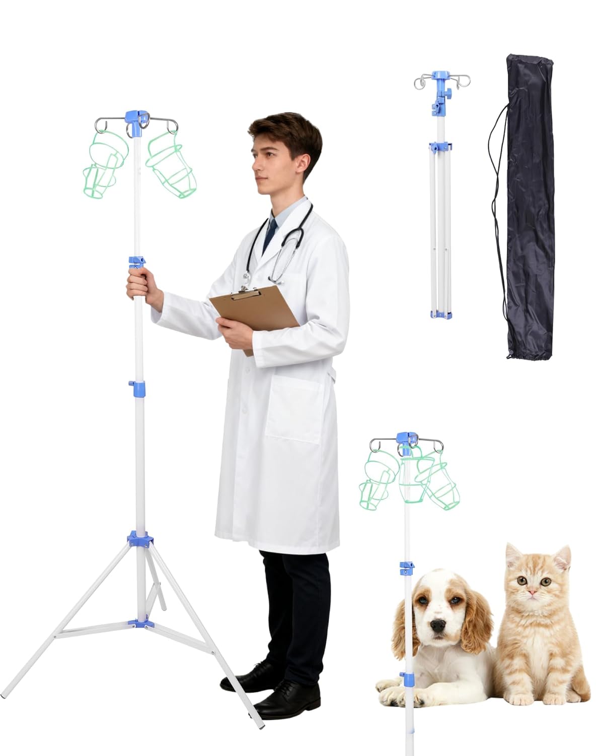 Multifunctional Foldable IV Pole with Wheels, Portable Medical IV Stand with 4 Hooks, Adjustable Height 43-83 Inch, Stainless Steel IV Drip Stand for Hospital, Clinic, Home Use
