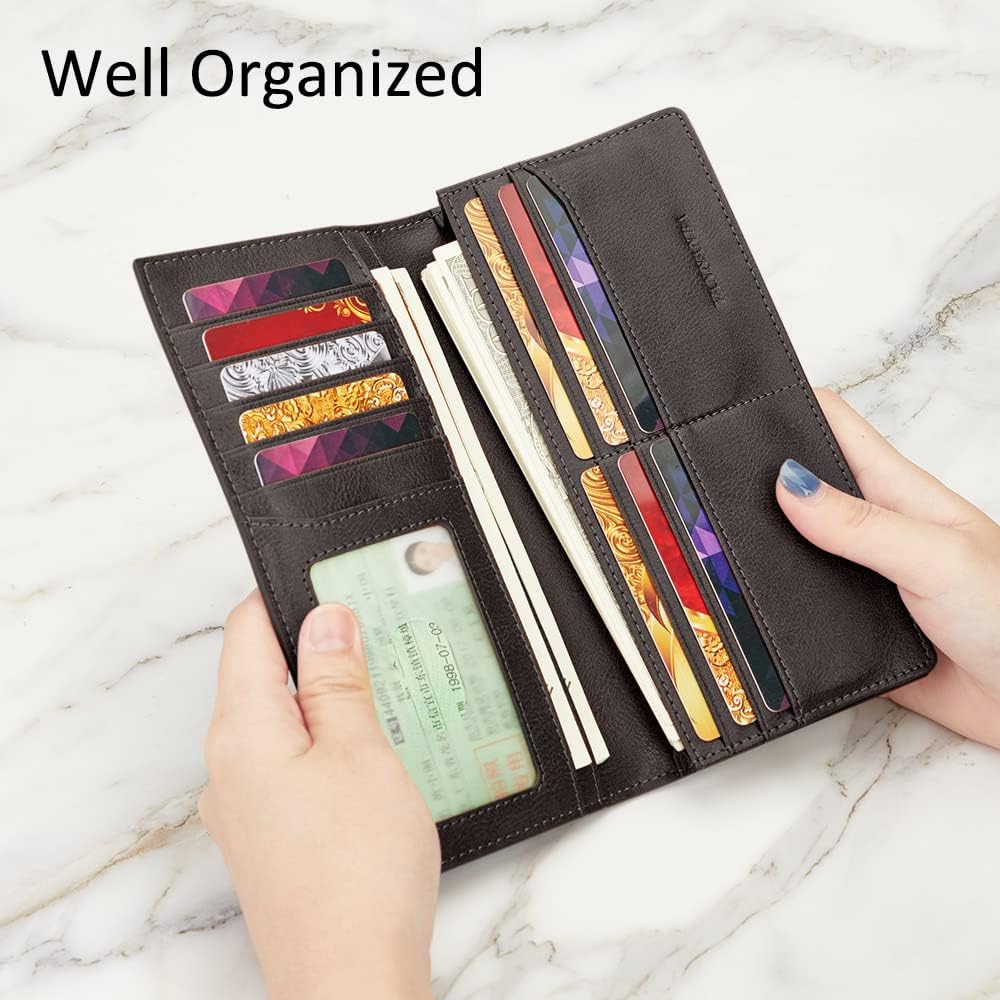 VANNANBA Mens Bifold Long Wallet RFID Blocking Checkbook Wallets,Italian Leather Slim Card Holder for Men with Gift Box(Dark Brown)