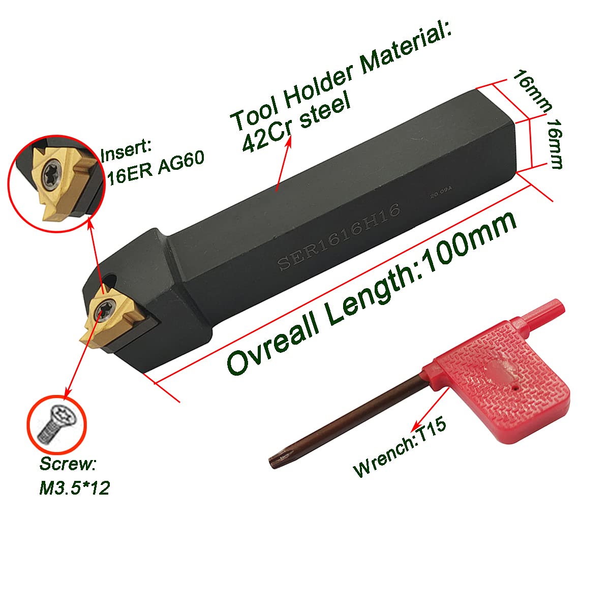Barra de mandrinado 1/2" 5/8" SNR0013M16 + SER1616H16 Soporte torneado rosca interna con 10 insertos carburo 16ER AG60 16IR AG60