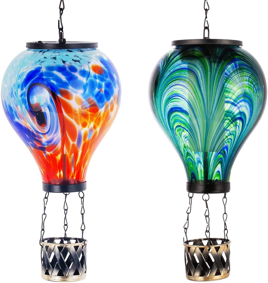 Starsoul 2 Pcs Tie-Dye Hot Air Balloon Solar Lanterns with Flickering Flame Hanging Garden Light Waterproof Solar Lamp Hot Air Balloon Garden Yard Farmhouse Decor