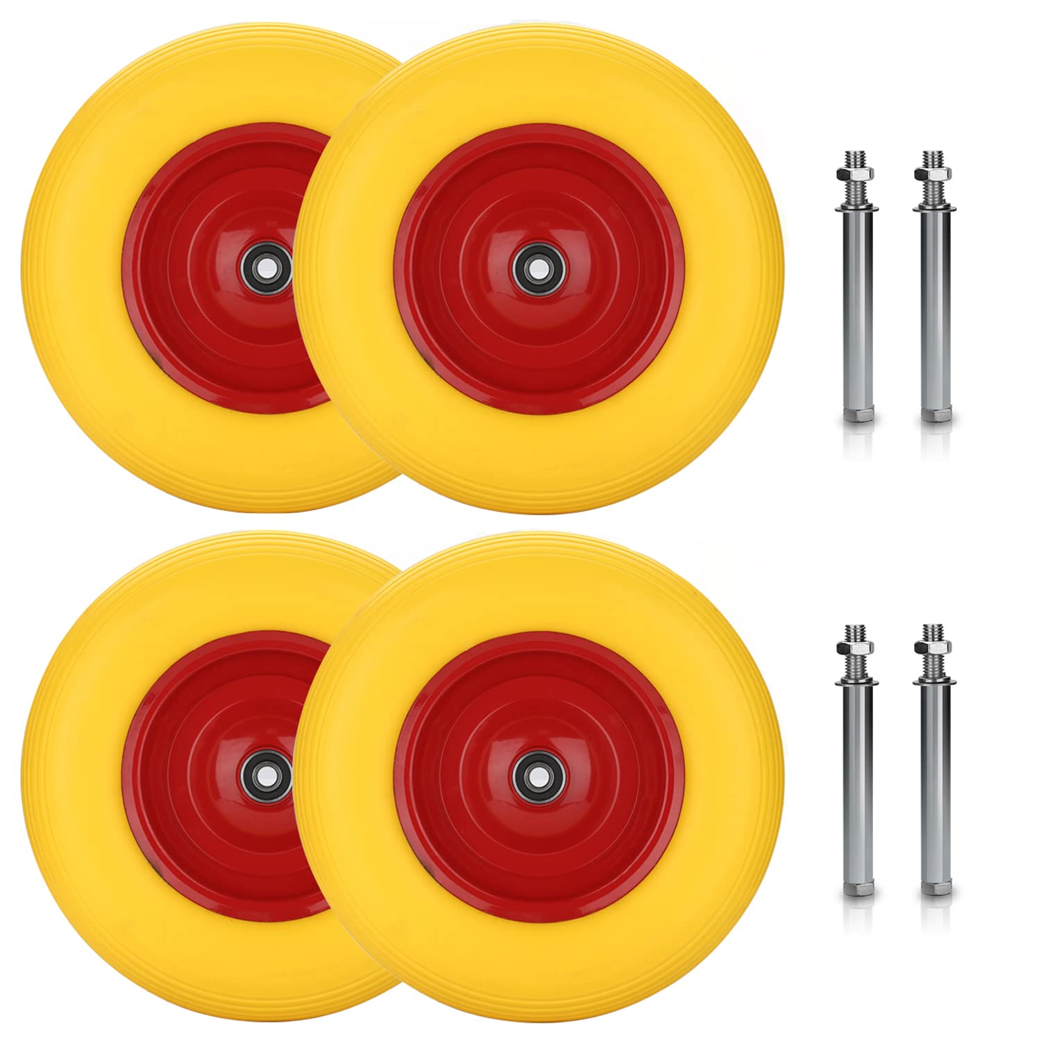 4er Set Ersatzräder 4.80/4.00-8 Vollgummi gelb-rot | 4 Vollgummi-Räder Ø 390 mm, 4PR, bis 200 kg Tragkraft, für Sackkarre, Gartenkarre und Handwagen.