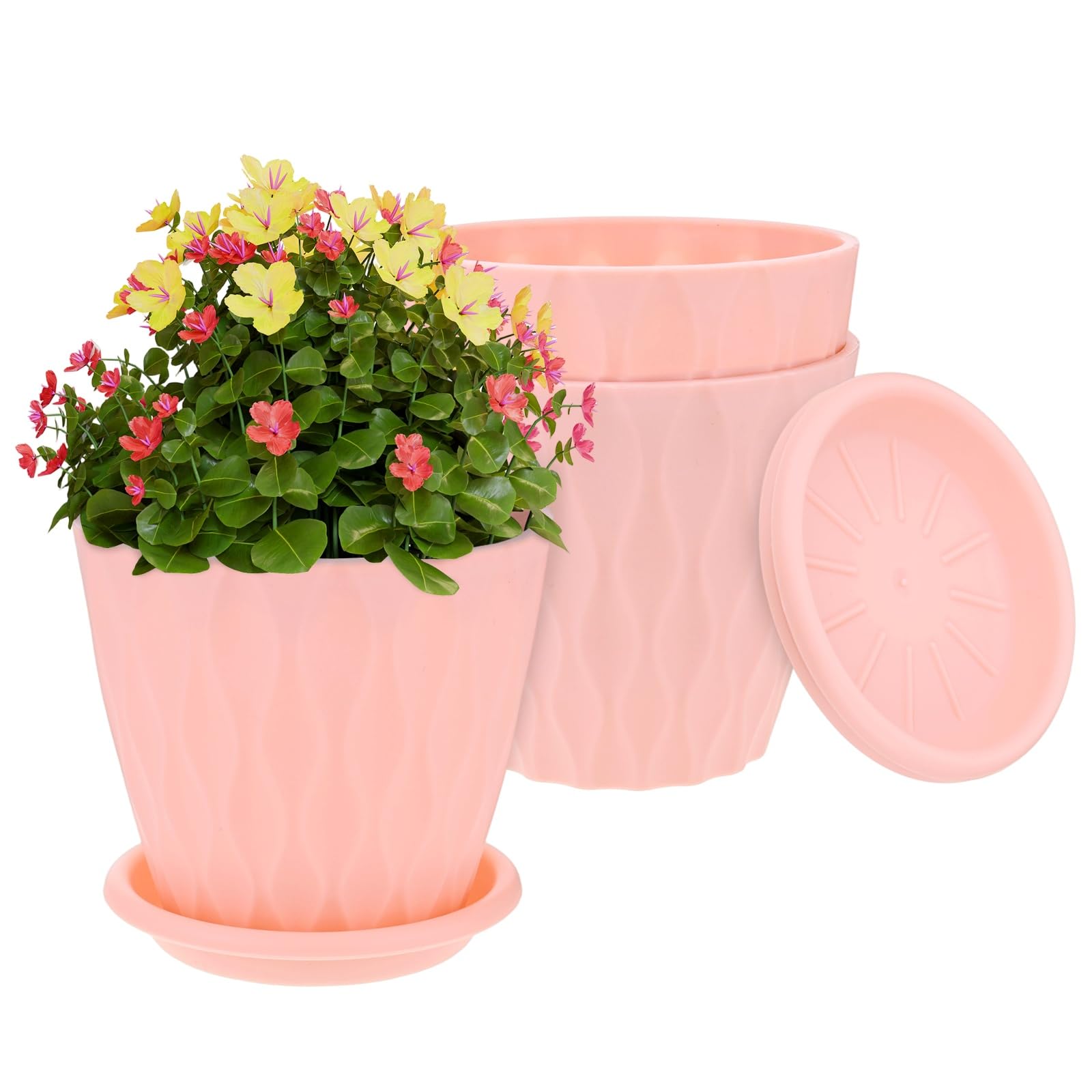 M METERXITY 3-Set Small Nursery Pots, 4 Inch Plastic Water Ripple Indoor Outdoor Flower Pots Planters with Drainage Holes and Saucers for Plants/Succulents/Herbs/Home Decor [Pink] — image 1