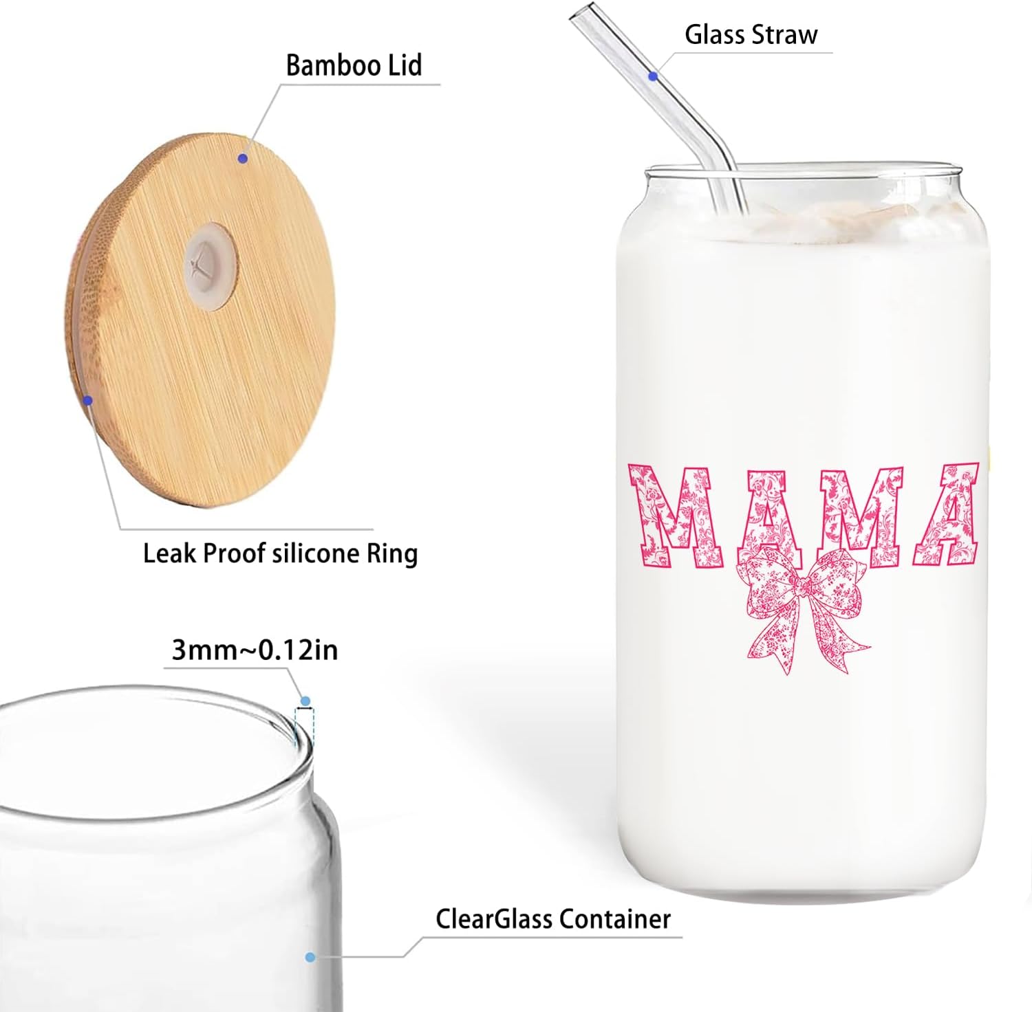 Pink Bow Mama Glass Cup with Lids and Straws 14oz, Best Mother's Day Birthday Gifts for Mama Mom Gifts from Daughters Sons Glass Iced Coffee Tumbler Drinking Jars with Cleaning Brush