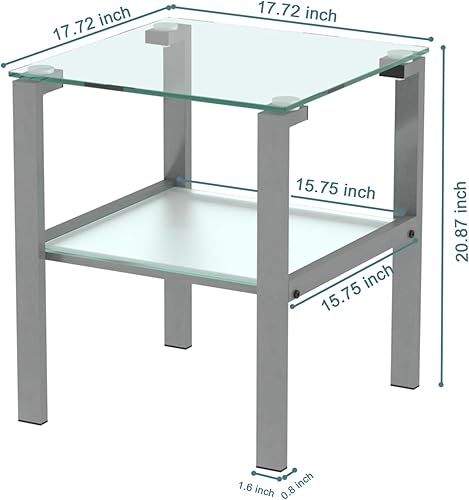 Miniatura 2 de Mesa auxiliar de cristal, mesa auxiliar para sala de estar, mesa de esquina pequeña, vidrio templado transparente y patas de metal gris, 2 capas