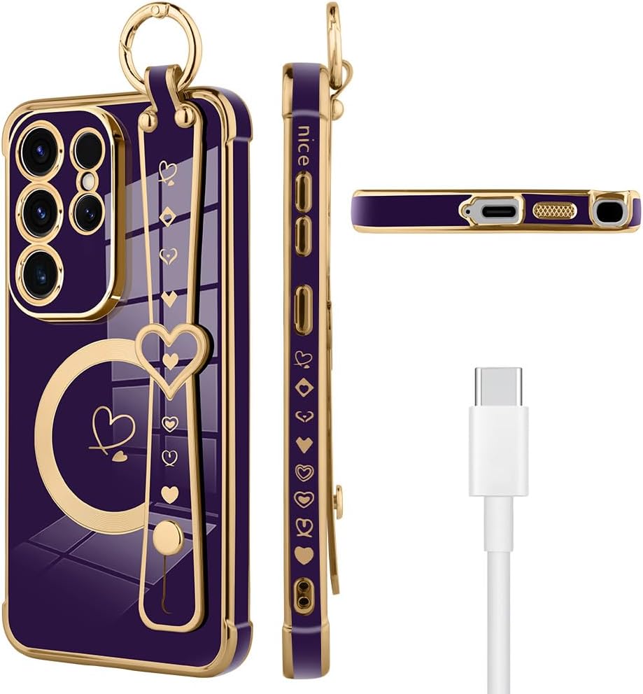 MOWIME Magnetic for Samsung Galaxy S26 Ultra Case with Finger Hand Wrist Strap, Compatible with Magsafe, Cute Heart Design for Women Girls Plating Gold Edge Protective Phone Cover - Dark Purple