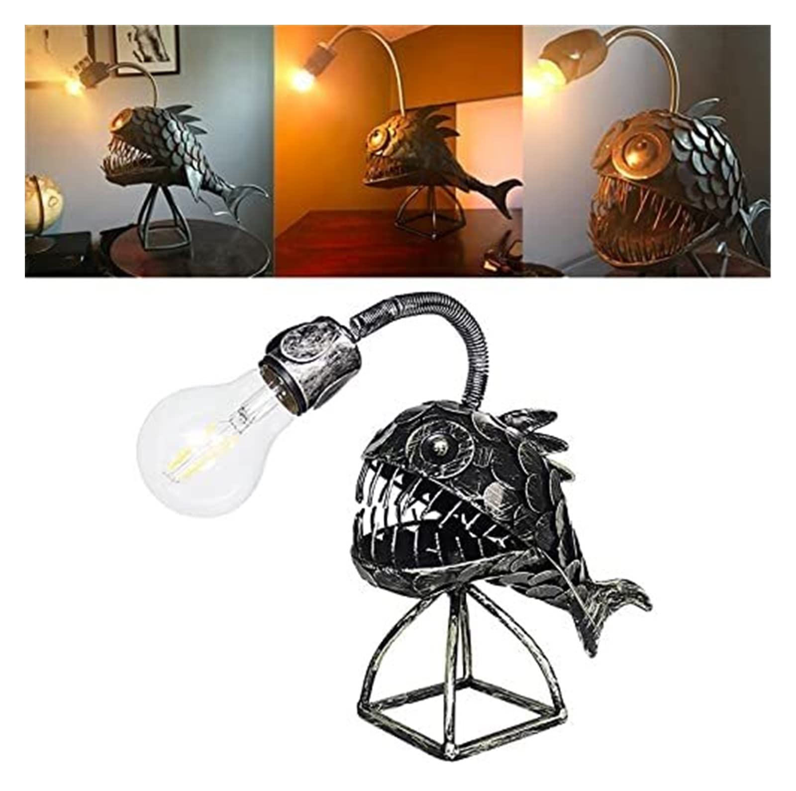 Lampada Da Tavolo A Forma Di Pesce Pescatore, Ricaricabile Tramite USB In Metallo Fatta A Mano Decorazione~p137609392