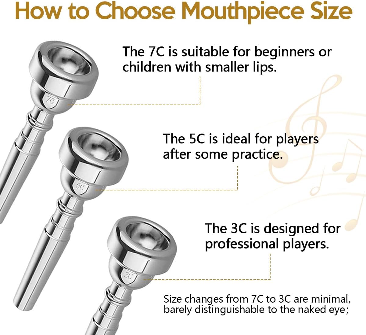 3 Pack Trumpet Mouthpiece (3C 5C 7C) with Lightweight Aluminum Practice Trumpet Mute Silencer Fit for Yamaha Bach Conn King Replacement Musical Instruments Accessories, Silver