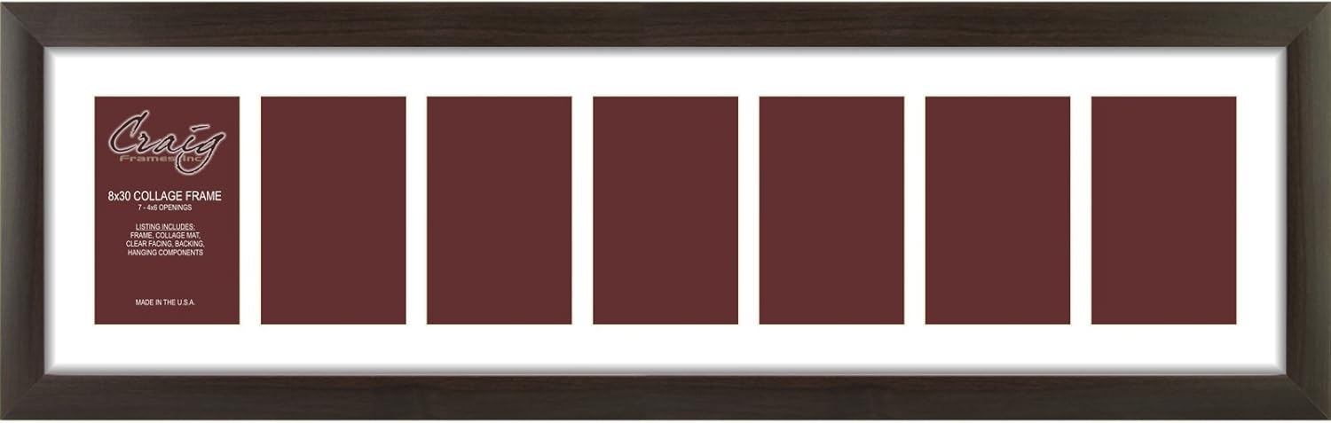 Craig Frames 23247778 8 by 30-Inch Brazilian Walnut Picture Frame, Single White Collage Mat with 7-4 by 6-Inch Openings