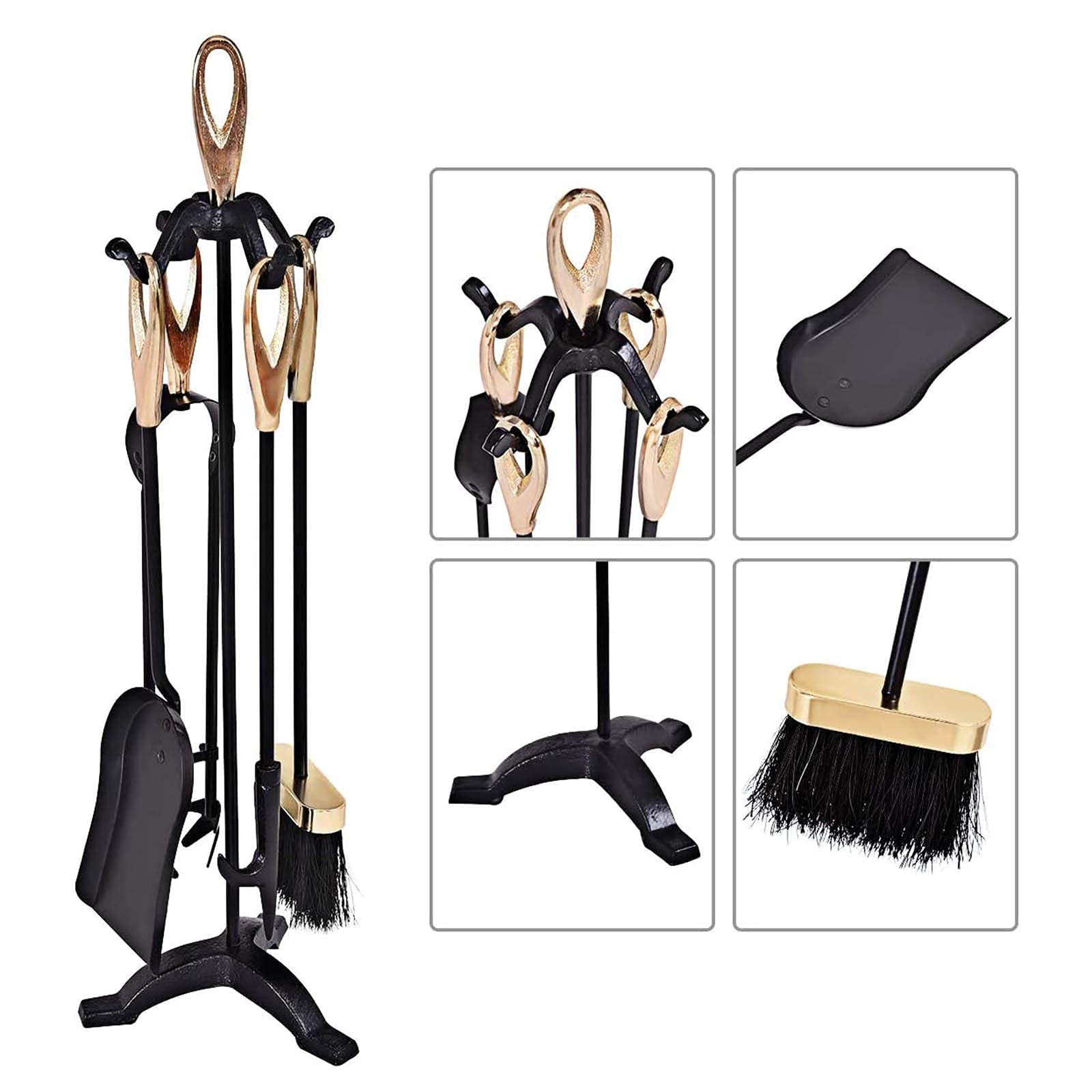Set di 5 Attrezzi da Camino in Ferro battuto Rustico Nero con Impugnatura Dorata, Include Accessori per braciere a Soffietto e Supporto per caminetto