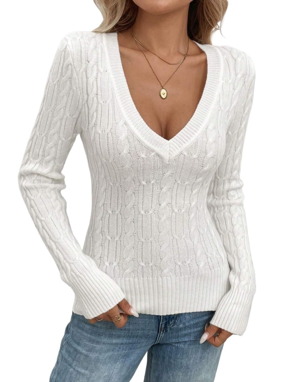 V-Neck Knit Fit Top Casual Retro Sweater Long Sleeve Womens Casual Warm Pullover Tops