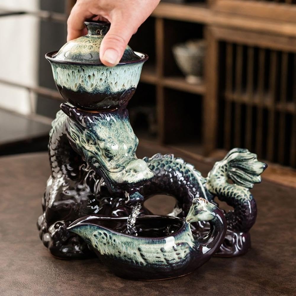Tetera de cerámica con infusor, Juego de té semiautomático, Tetera mágica con 8 Tazas, Color Degradado (dragón Degradado - C)