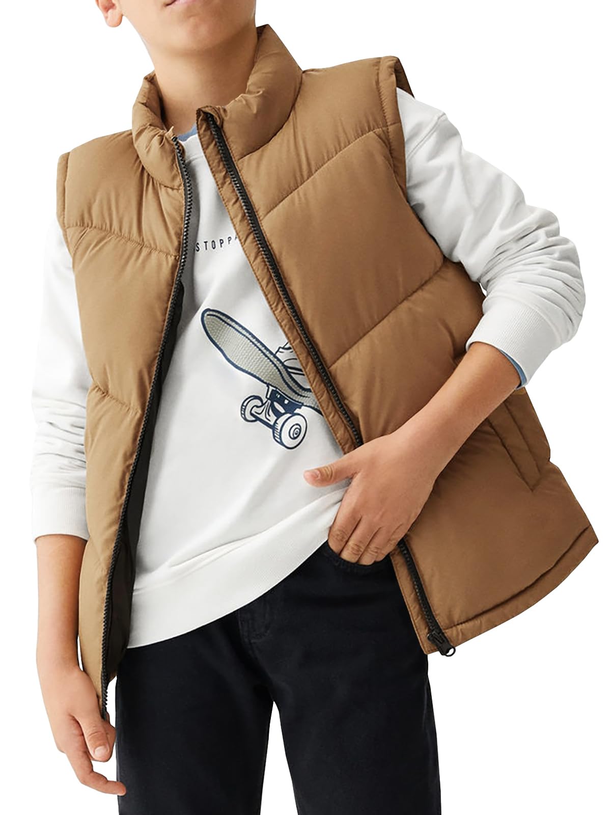 Meikulo Chaleco acolchado sin mangas con cremallera para niños | Ropa exterior con cuello alto para niños con bolsillos