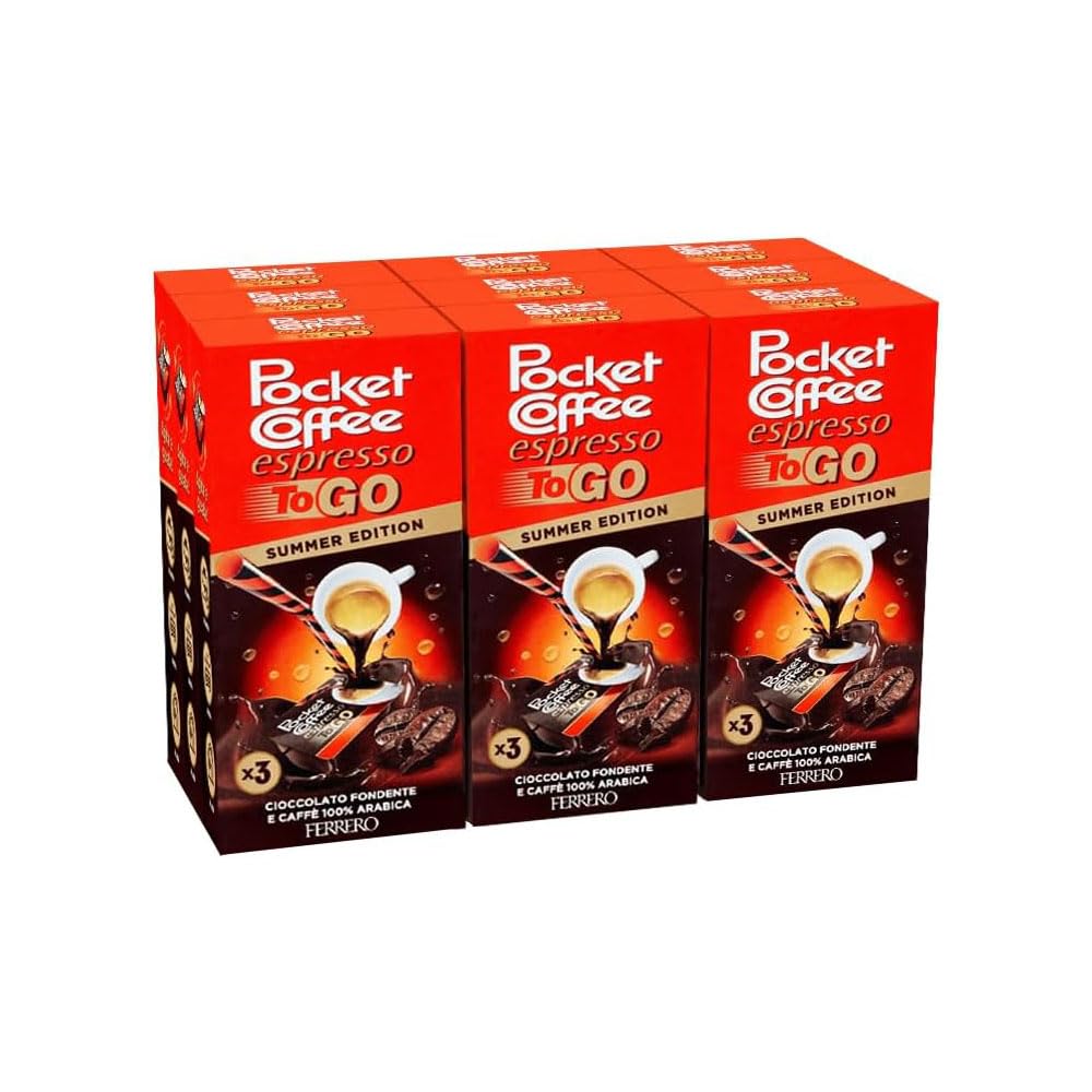 Pocket Coffee Espresso To Go, Estate Edition, 9 Confezioni da 3 Pezzi, Cioccolato Fondente con Caffè Liquido, 64,8ml