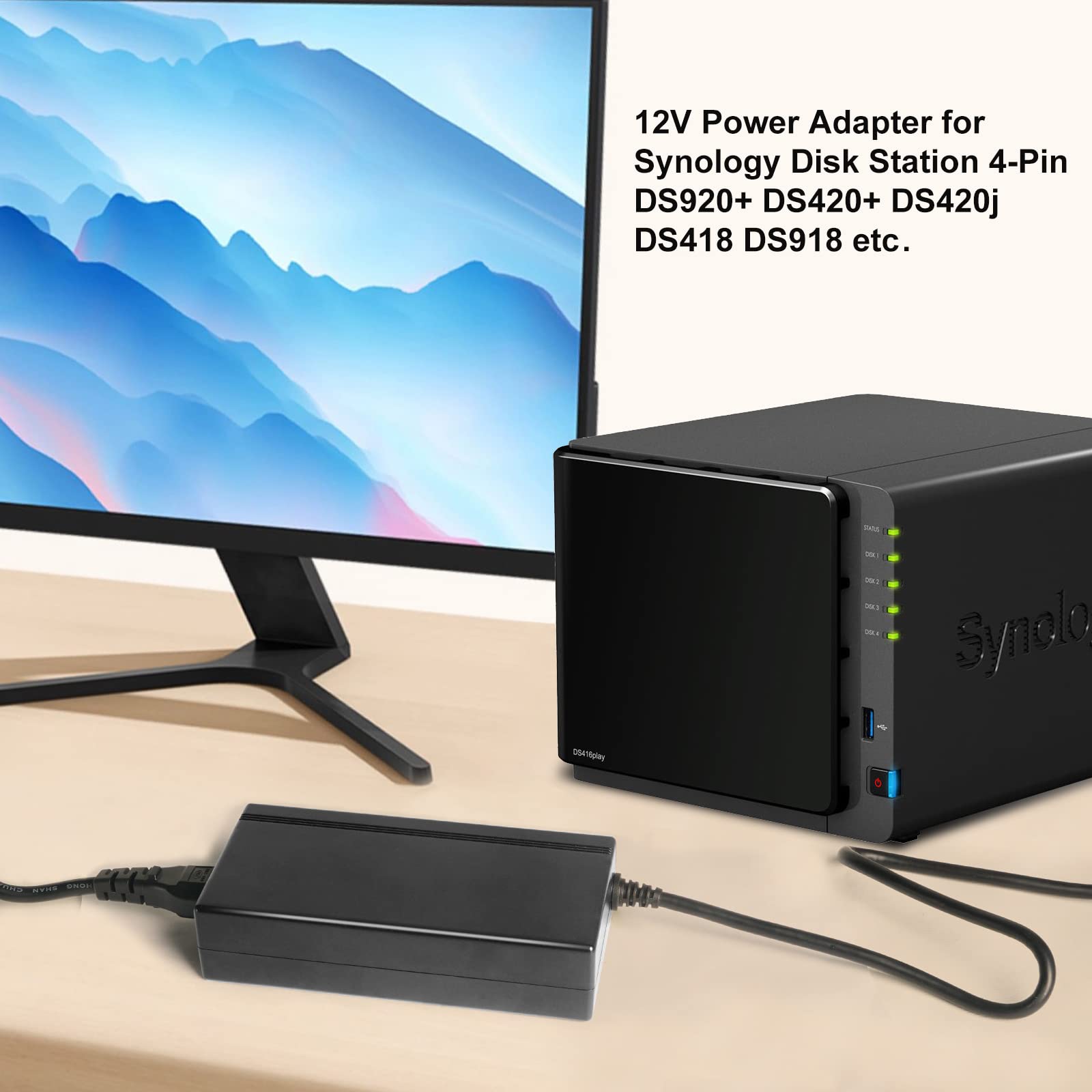 TAIFU Cargador de 4 Pines para Synology Disk Station 4-Bay Ds916+ DS920+ DS410j DS411 DS411J DS412 DS412 DS413 DS414 DS415 DS710 DS712 DiskStation Dispositivo Servidor NAS 12V Adaptador Cable