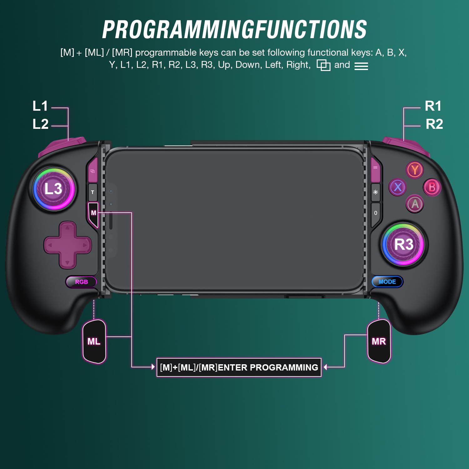 Controller da gioco mobile per iPhone e Android, controller per telefono per Xbox/Steam/GeForce Now/MFi Apple Arcade/Roblox/Minecraft, controller wireless per giochi telefonici con joystick effetto
