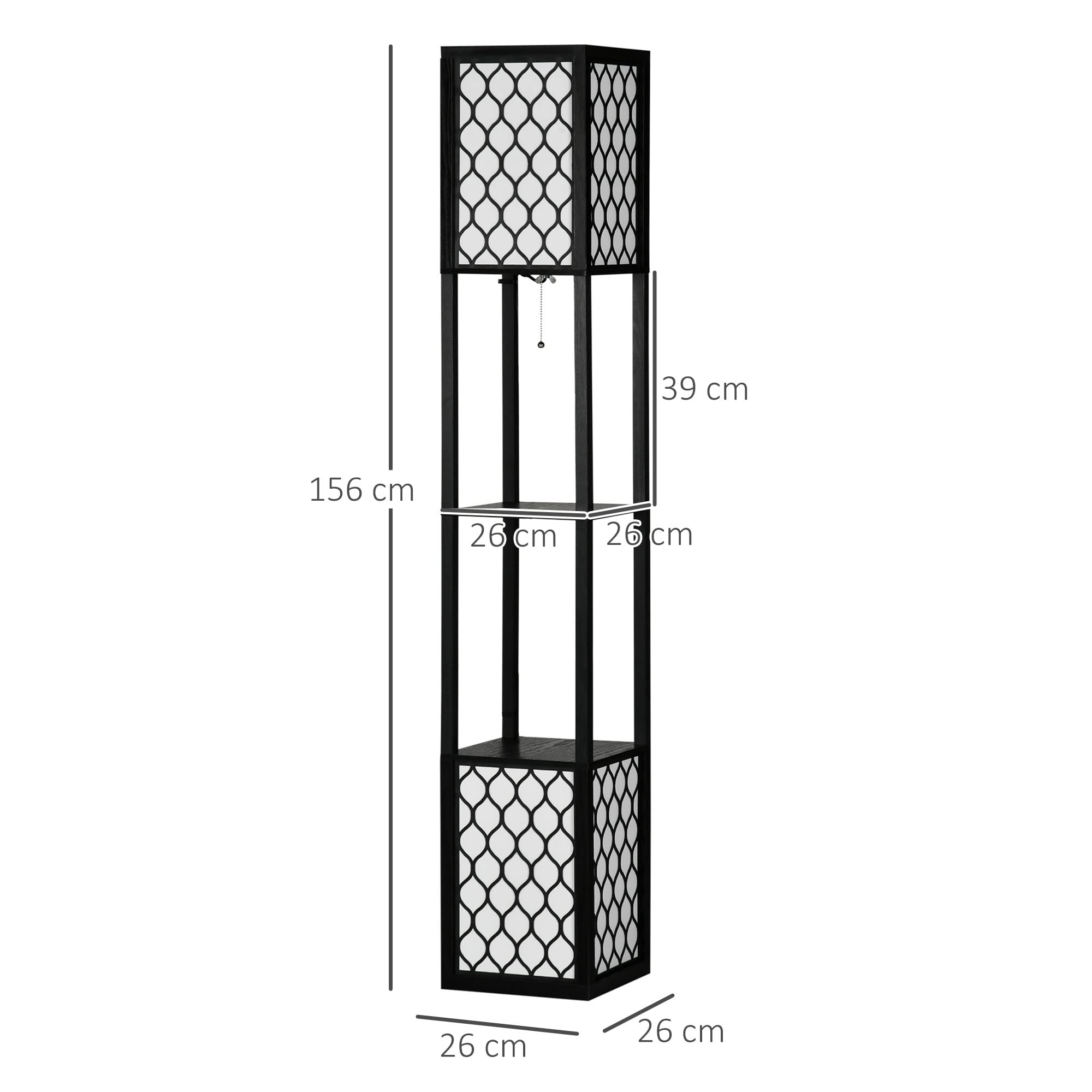 HOMCOM Lámpara de Pie Moderna con Estantes, Lámpara de Pie para Salón Casquillo E27, 40 W, con Pantallas de Tela de Malla e Interruptor de Cadena, para Dormitorio, Oficina y Sala de Estar, Negro