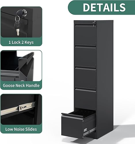Miniatura 5 de BIZOEIRON Archivador de 5 cajones con cerradura, archivadores verticales de metal para oficina en casa, gabinete de almacenamiento de acero para