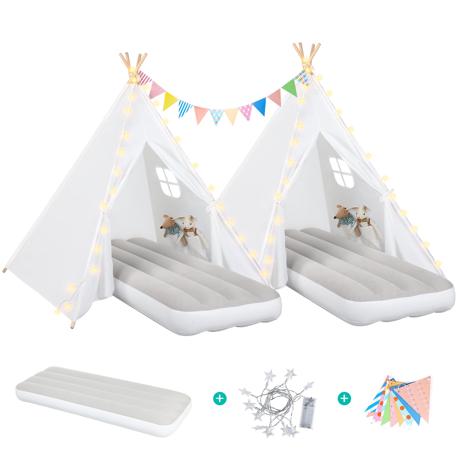 Teepee Tent for Kids Sleepover Party 2 Pack: Inflatable Airbed & Star Lights & Colored Flag - Indoor Outdoor Toddler Play Tent for Girls Boys Birthday Gifts Slumber Party (White)