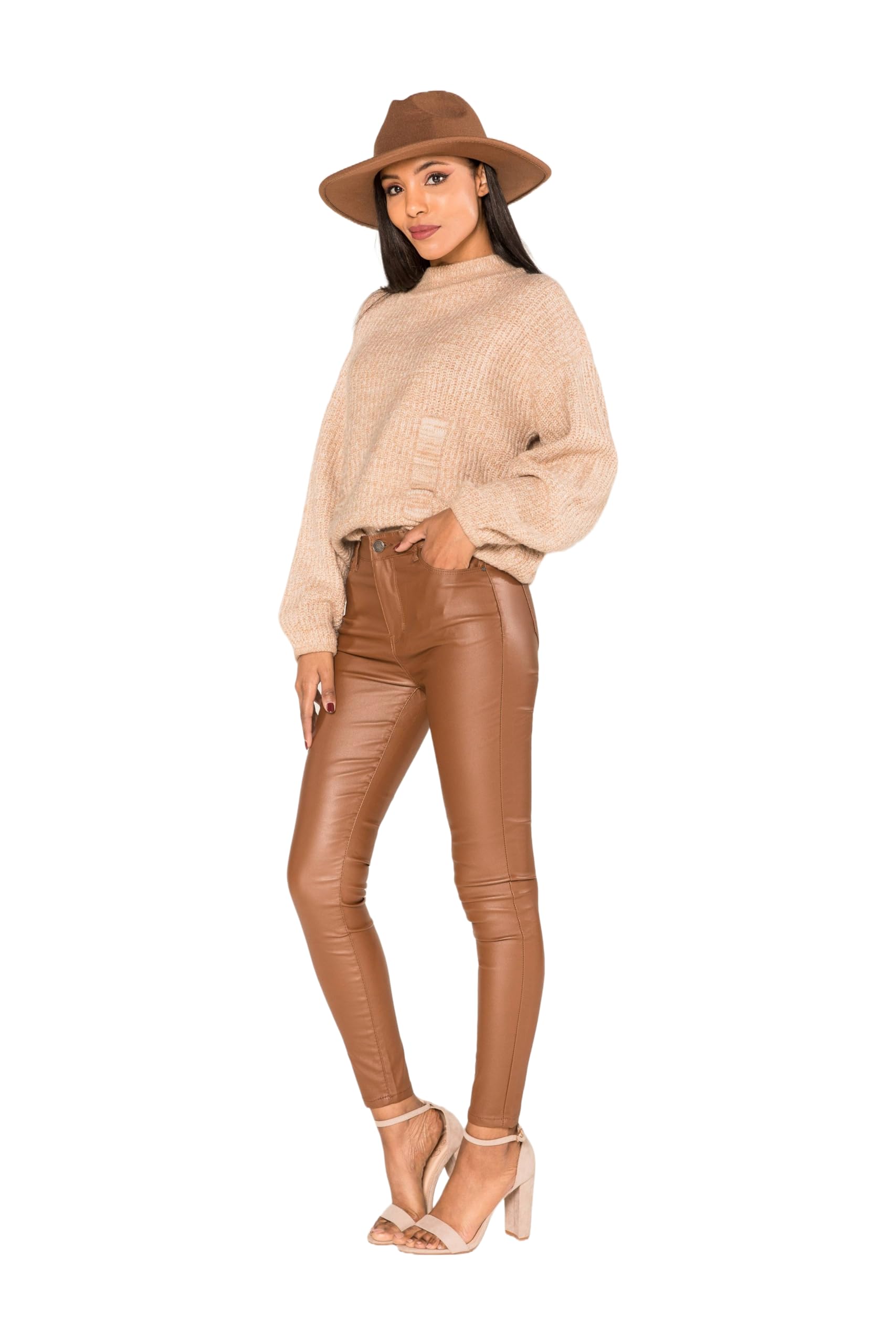 Nina Carter S513 Damen Skinny Fit Wetlook Jeans HIGH Waist Lederlook Stretchjeans Jeanshosen Hose Knöchellange 5-Pocket-Style