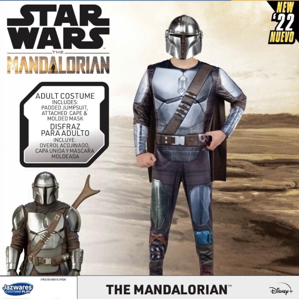Jazwares Star Wars Mandalorian Adult Men's Halloween Cosplay Costume Padded Jumpsuit, Attached Cape, and Molded Half Mask