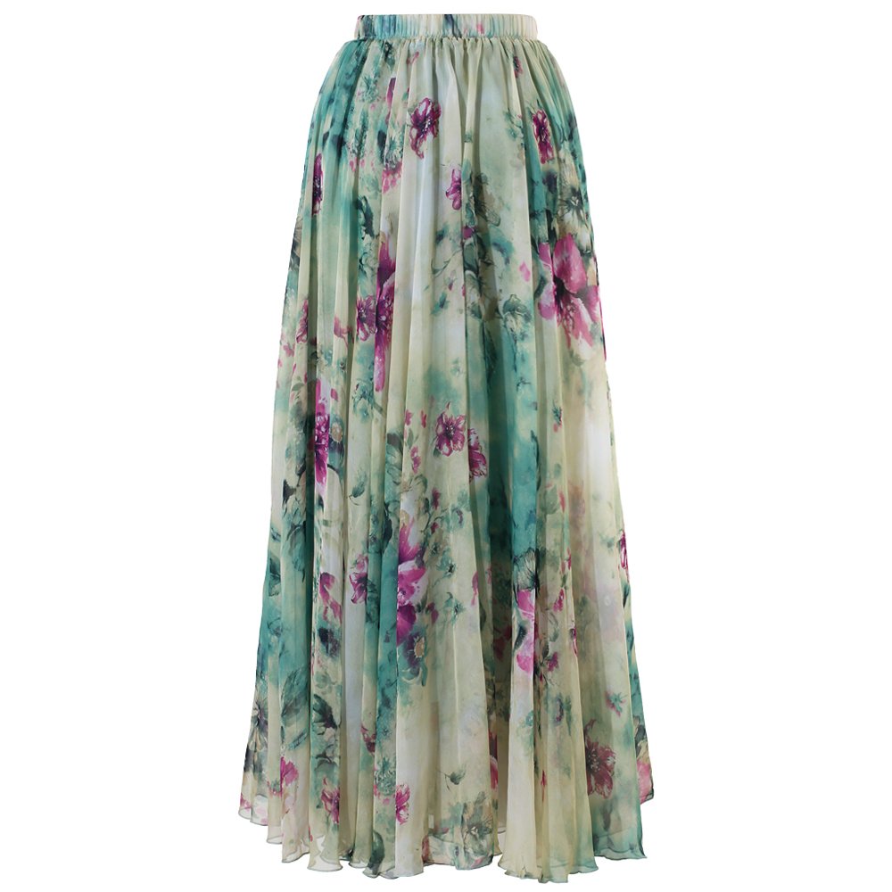 CHICWISH Damen-Maxirock aus Chiffon mit Aquarell-Blumenmuster, fließender Schnitt