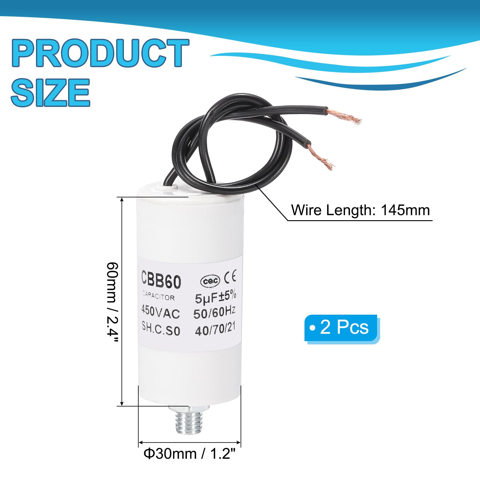 Condensatore Di Avviamento CBB60 PATIKIL 5uF 450V Con Terminali A Vite U Per Motori E Pompe