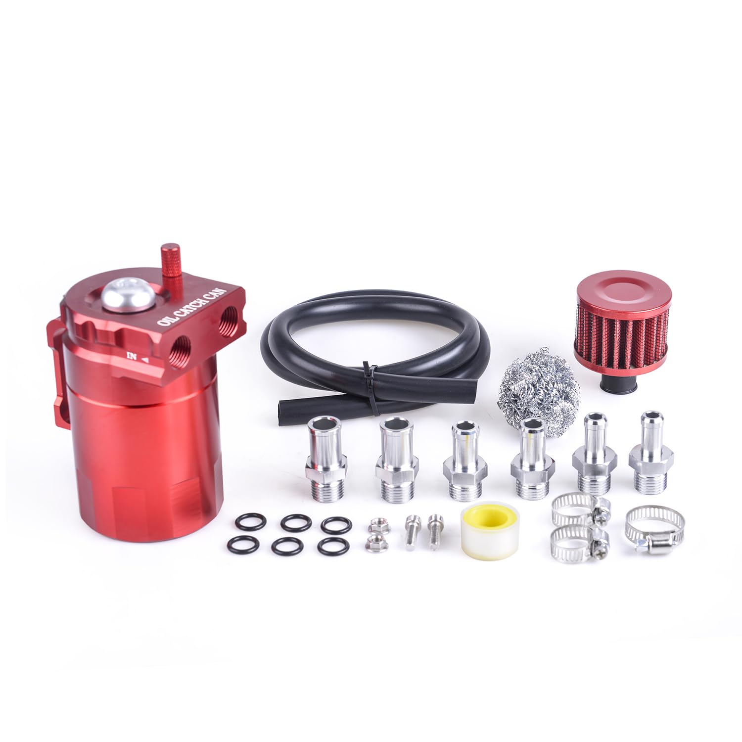 Universal 300ml Aluminum Baffled Oil Separator Catch Can Kit with Air Filter 10MM 12MM 15MM Fitting Red