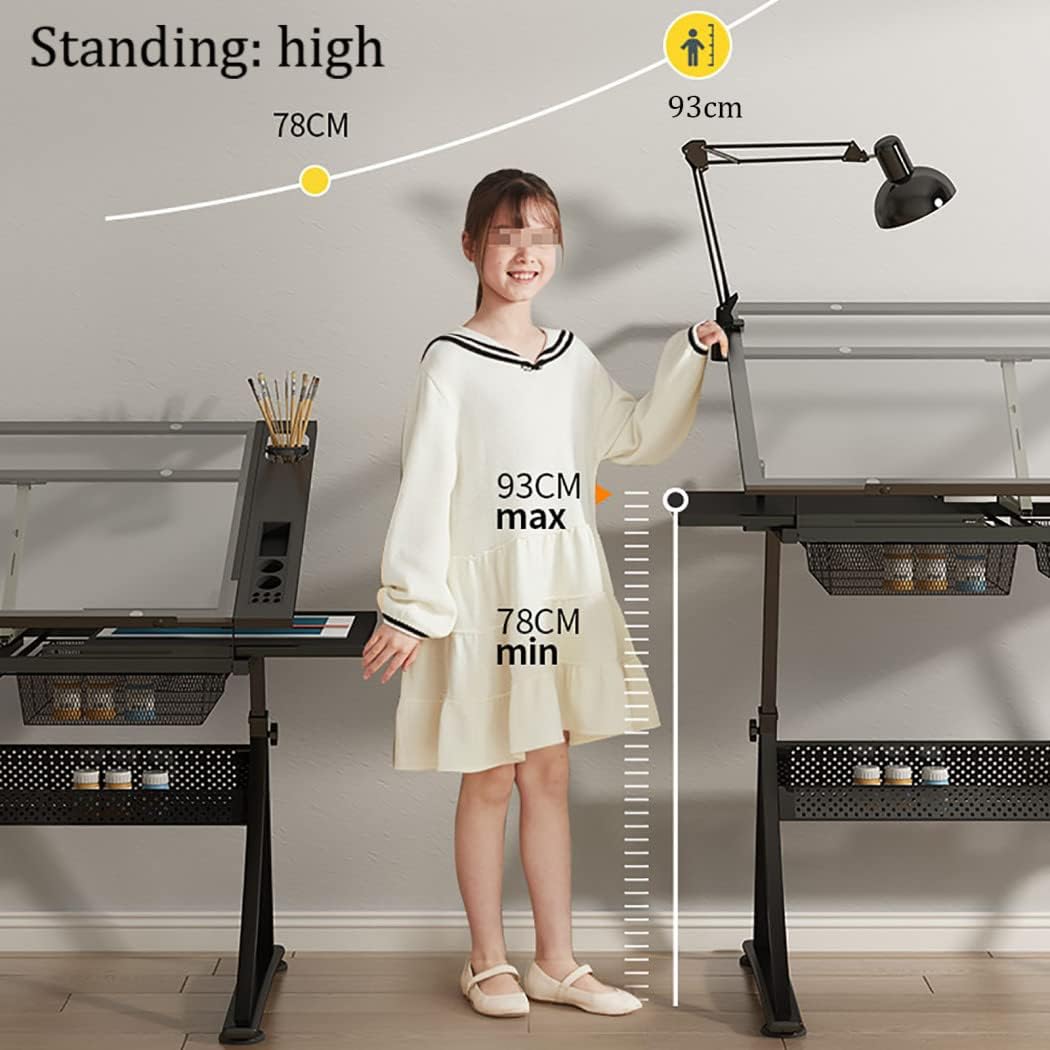 Tempered Glass Top Drafting Table with 2 Storage Drawers/Sliding Side Countertop/Stool, Height Adjustable/Tiltable Artist Drafting Table, for Graphic Design, Sketching, DIY