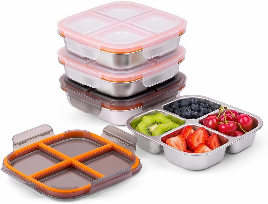 4 Pack Stainless Steel Snack Containers with Airtight Lids, 4 Compartment Food Storage Containers, Reusable Metal Meal Prep Lunch Boxes, Dishwasher Safe, Divided Plates for Adults