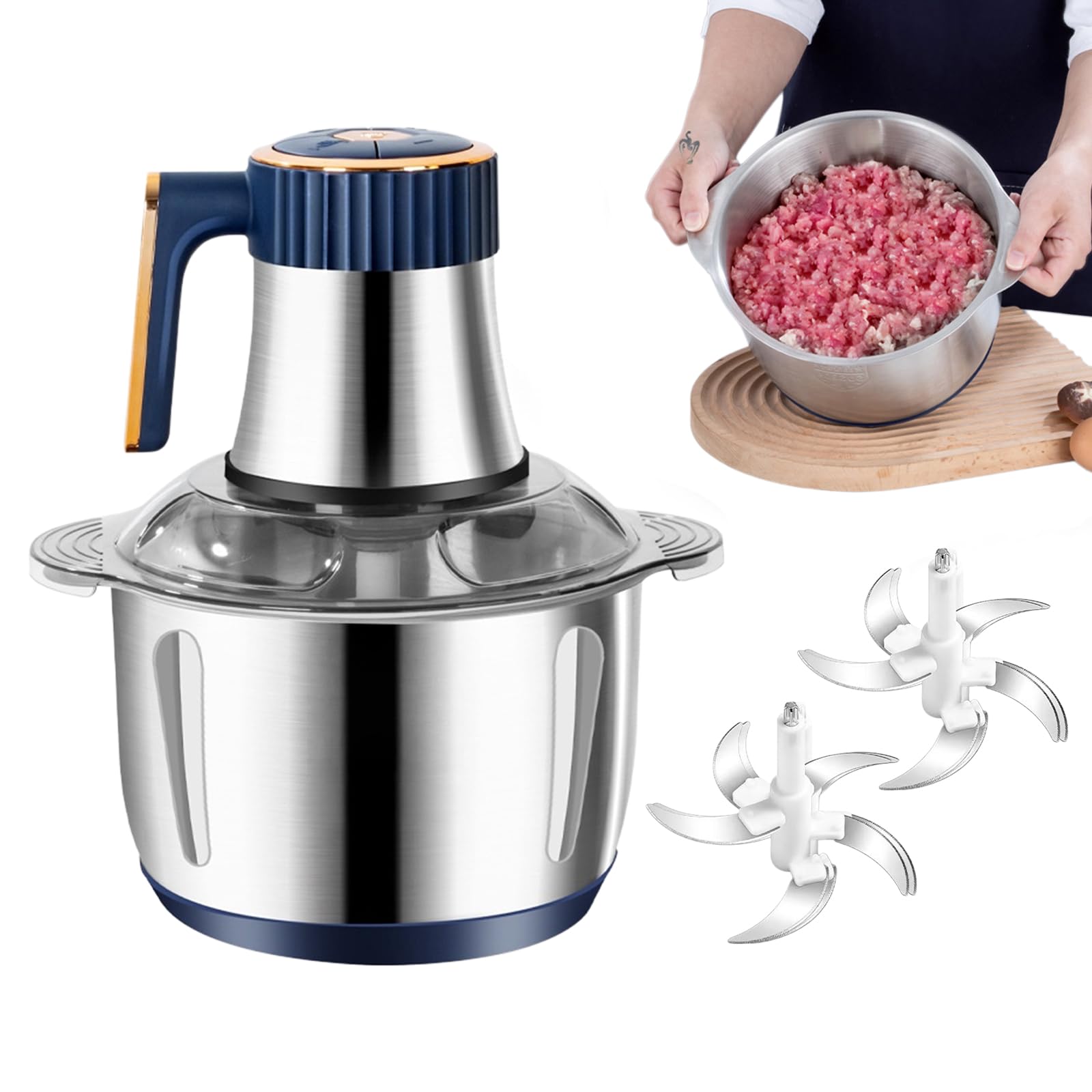Tritatutto elettrico con ciotola in acciaio inox da 5 l e 2 lame girevoli a 6 lati, tritacarne elettrico da 500 W, 5 velocità, tritacarne universale, grande tritatutto per carne, frutta, verdura