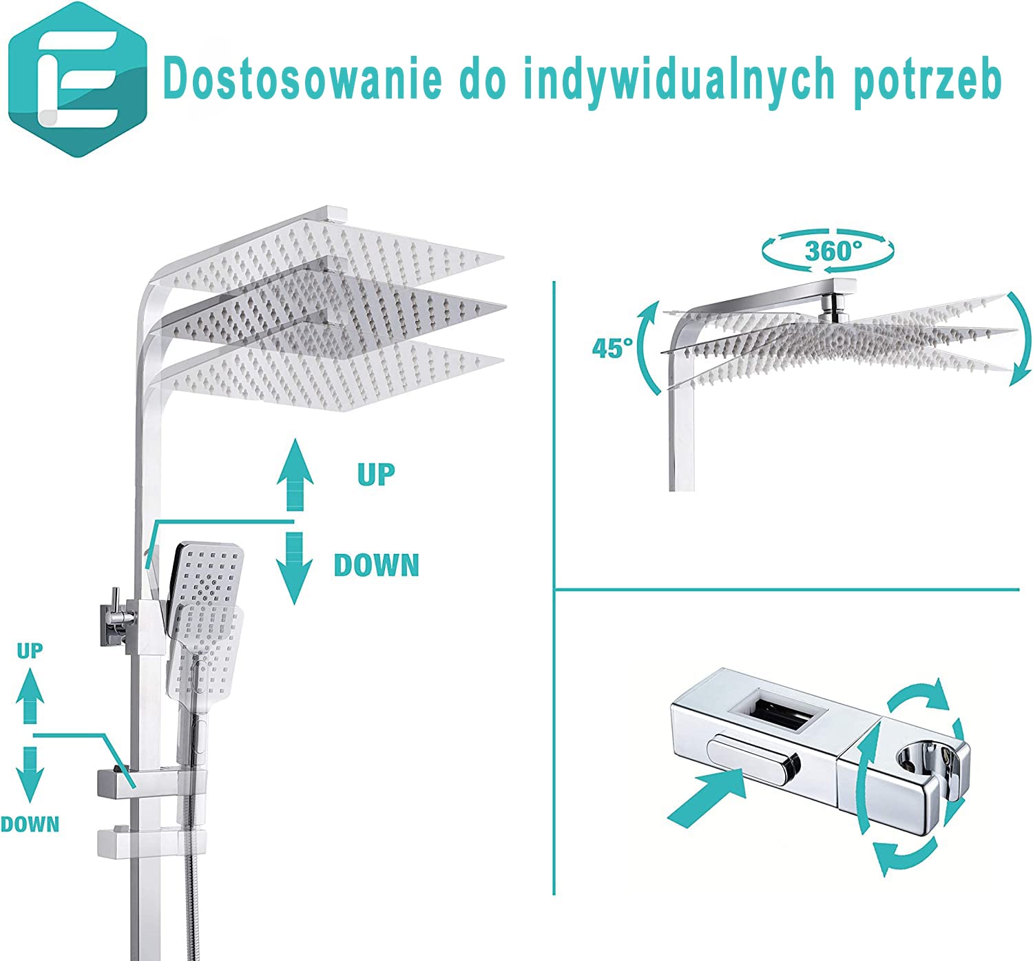 System prysznicowy firmy ELBE ze stali nierdzewnej, z termostatem, deszczownicą, słuchawką prysznicową, kwadratową głowicą prysznicową 25 x 25 cm.