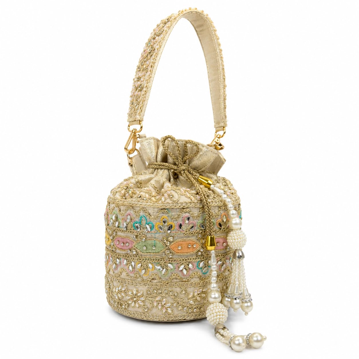 Light Multicolor Potli Purse for Women Bridal Potli Bag Silk Pearl Batua Bag Indian Potli Handbag Embroidered Small Potli Bags Wedding Stylish Potli for Bride-image-48