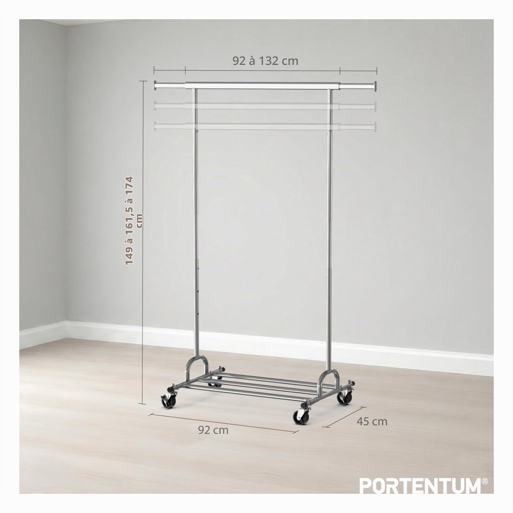 PORTENTUM Portant a vetement solide extensible avec roues et freins – Hauteur réglable entre 149 et 174 cm – Jusqu'à 180 kg de charge – Penderie en acier 45 x (92–132) cm de largeur
