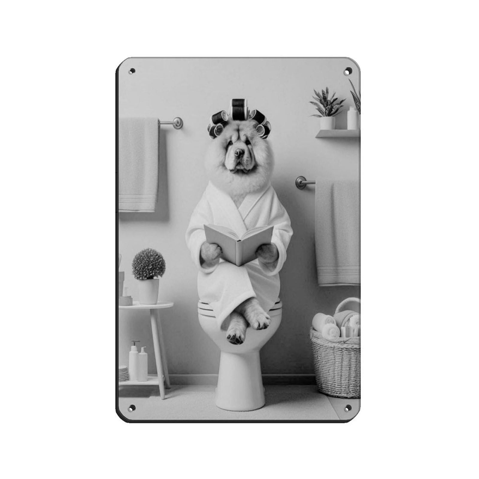 Chow Chow on Toilet Reading A Book Tin Sign Vintage Metal Pub Club Cafe Bar Home Wall Art Decoration Poster Retro 8x12inch(20x30cm)