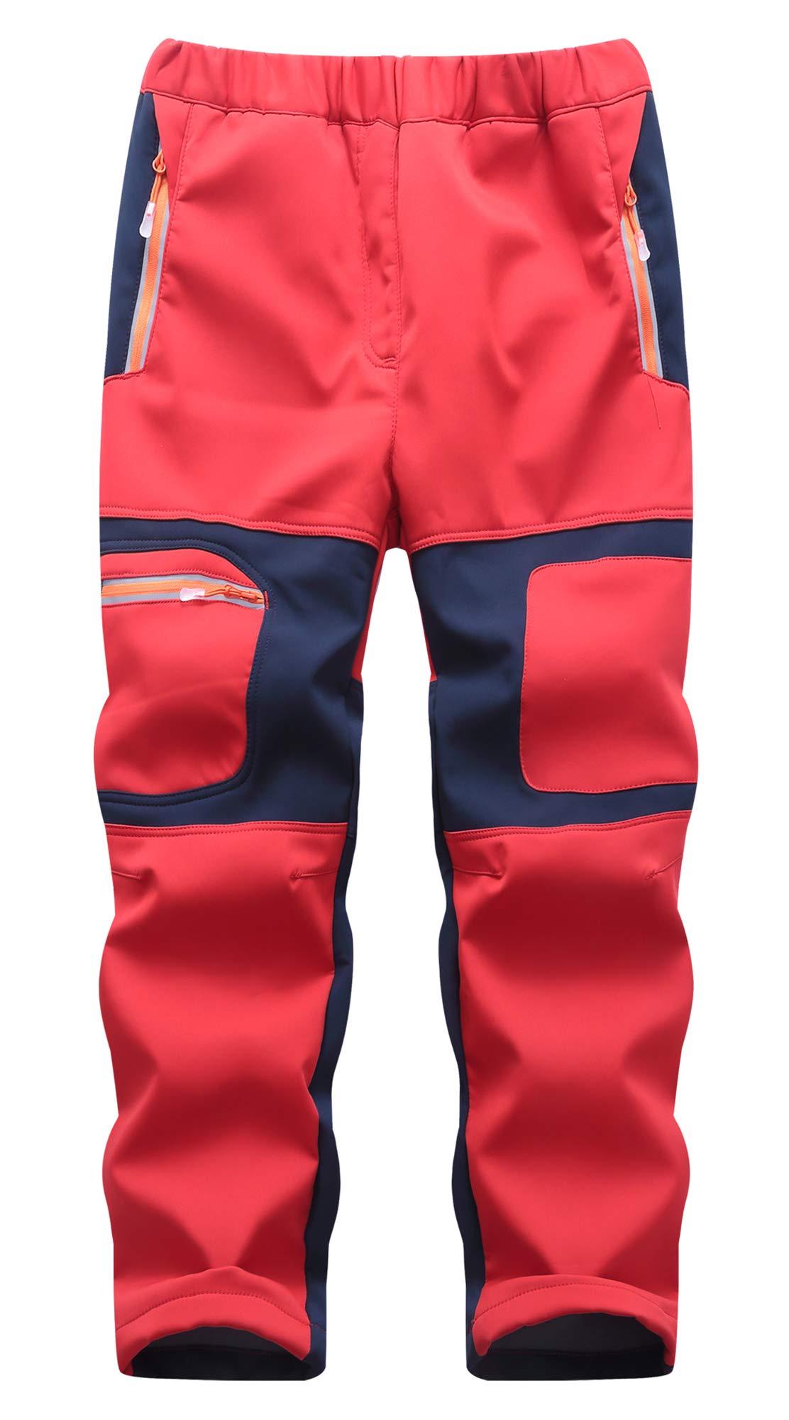 Pantalones de senderismo con forro softshell para niños, resistentes al viento, impermeables, transpirables, cálidos, para exteriores, con rayas reflectantes para niños y niñas (rojo, XL)