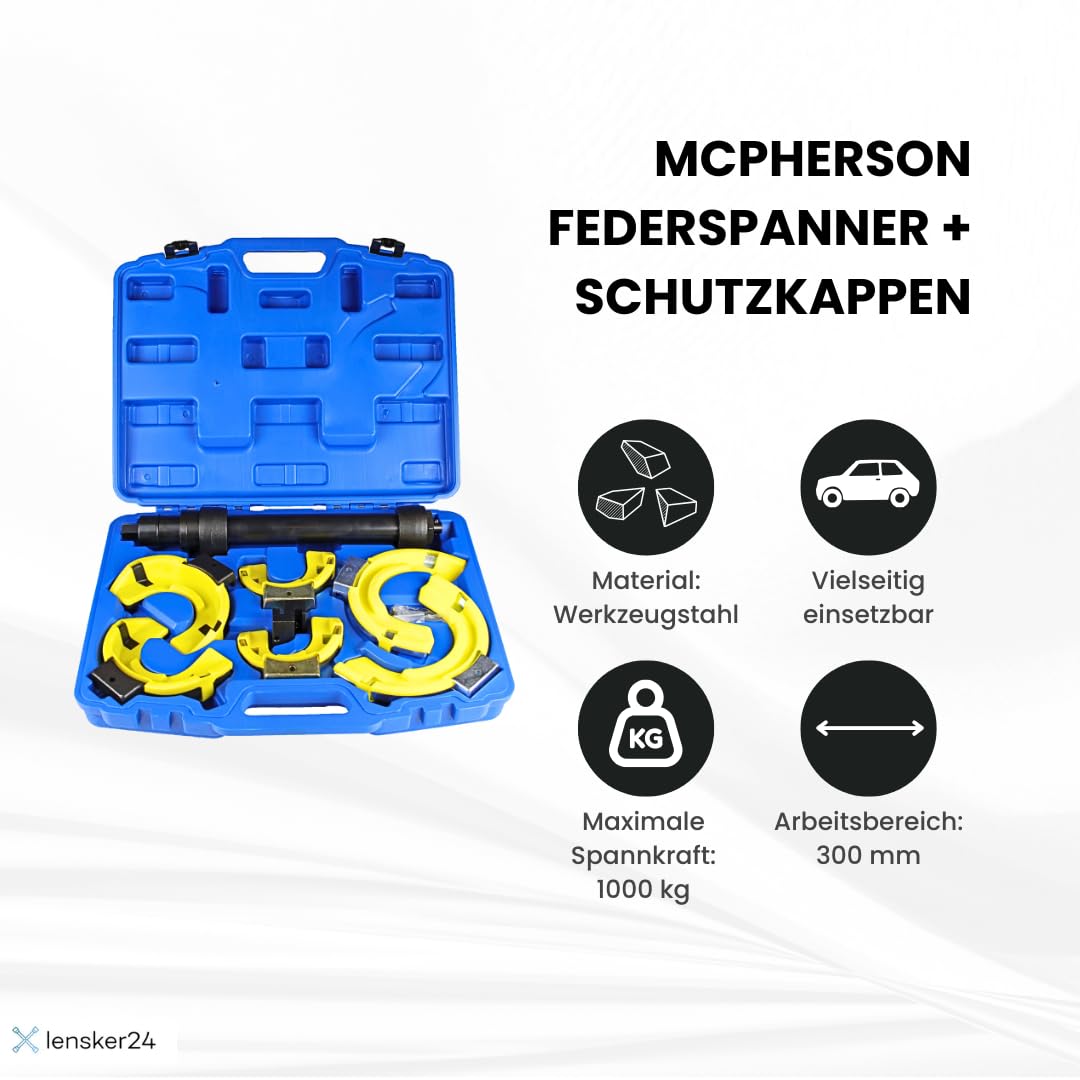 otgerlensker products Universal McPherson Federspanner – 1000 kg Spannkraft, 3-teiliges Jochset (bis 2500 kg), Sicherheits-Schutzkappen & robuste Spindel im Werkzeugkoffer
