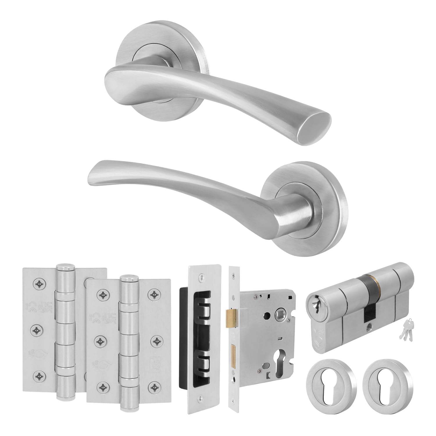 EAI Satin Door Handle Euro Lock, Double Cylinder Set, 1 Pair of Internal on Rose Satin Handle, Lock, Hinges - Novoli Range